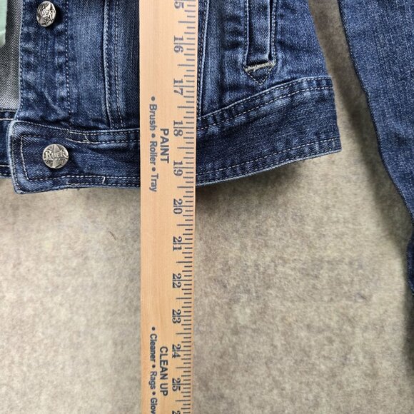 Rock 47 Womens Denim Jacket Dark Wash Embroidered Snap Closure Distressed Style - Picture 8 of 9